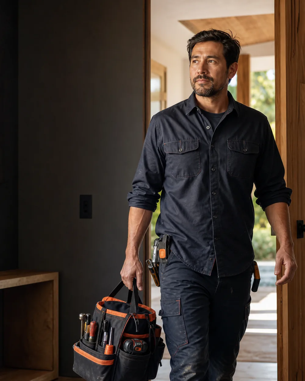 Handyman carrying tools for a residential project