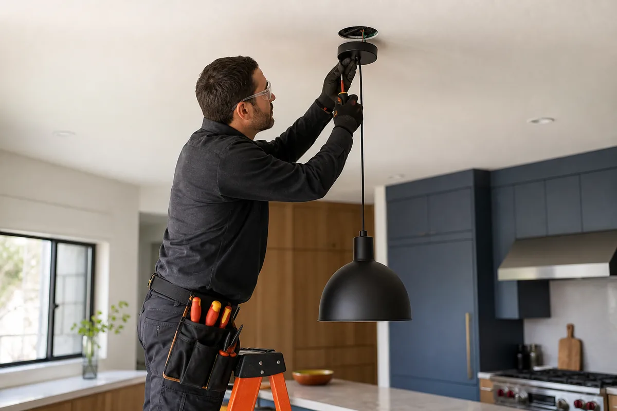 Handyman installing a kitchen light fixture from a stable ladder