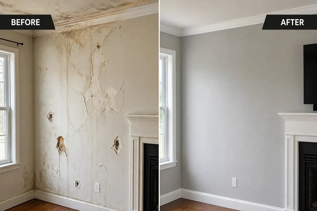 Illustrative before and after example of a drywall and paint wall repair