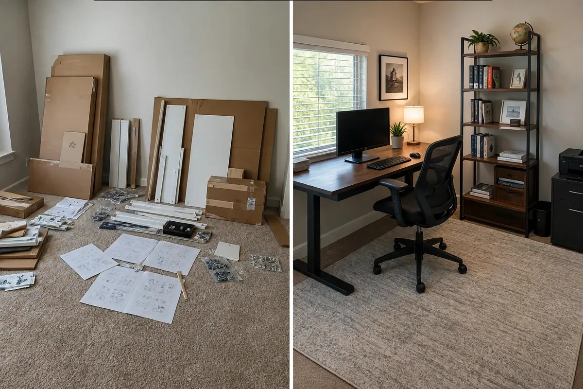 Illustrative before and after example of furniture assembly for a home office